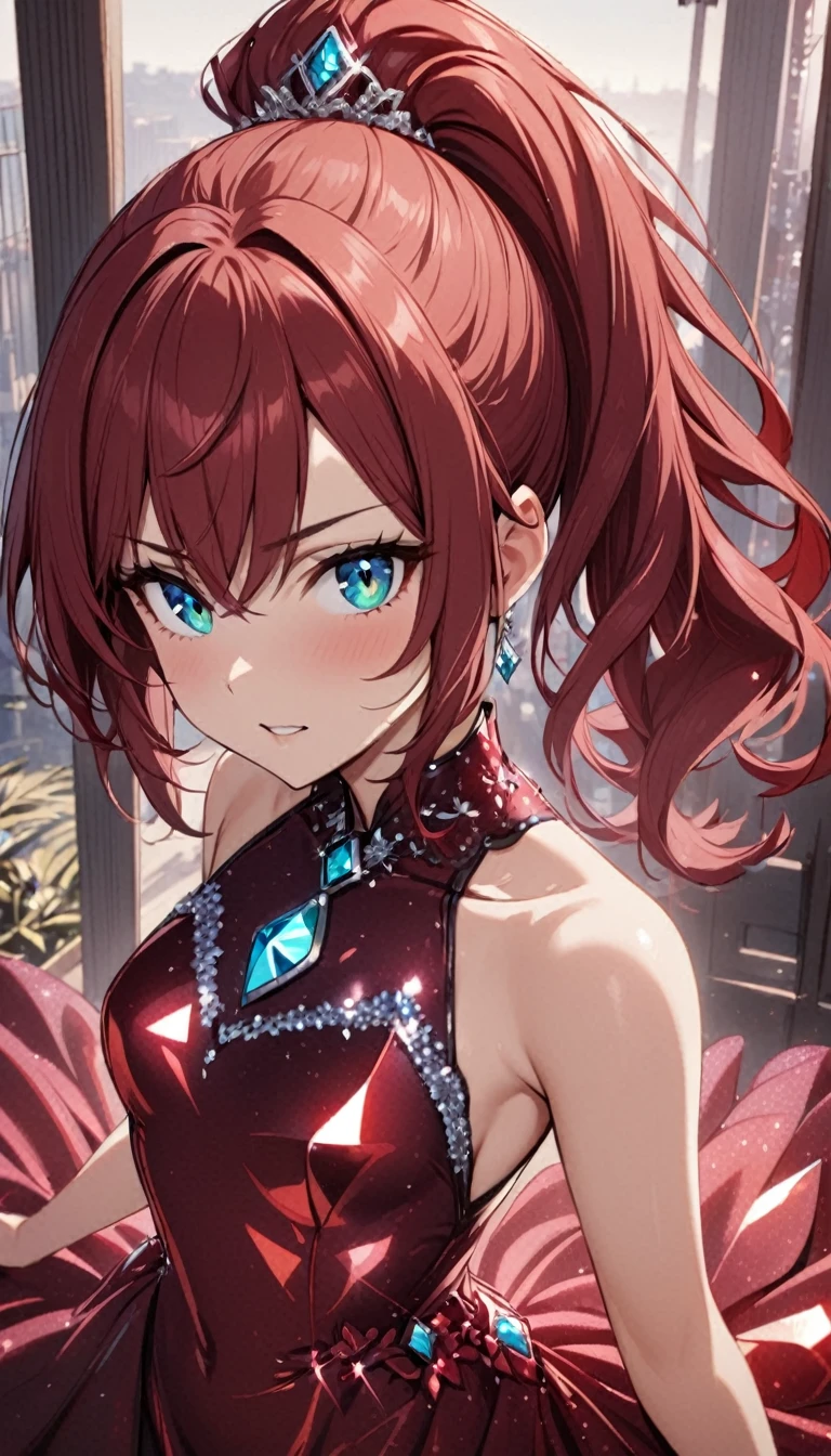 1girl,deep orangered ponytail hair,turquoise eyes,small breasts,,garnet crystalline dress