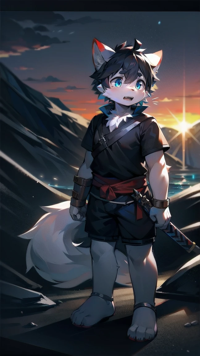 White Wolf，black hair，Sky blue eyes，hairy，Wolf ears，Wolf tail，Full body portrait，The character is in the center of the frame，Handsome，Confident eye***but，juvenile，Black and white combat uniform，Red neck bib，Black shorts，Short sleeve，hairy arms and legs，Dark background，Dark battlefield，dawn，sunrise，dawn，illumination，shadow，Swordsman，Scabbard and Hold the hilt of a in your hand，The scabbard is at the waist，Highest quality，A tall stature