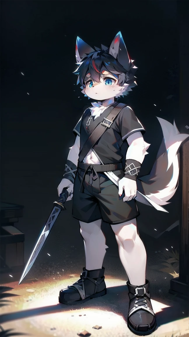 White Wolf，black hair，Sky blue eyes，hairy，Wolf ears，Wolf tail，Full body portrait，The character is in the center of the frame，Handsome，Confident eye***but，juvenile，Black and white combat uniform，Red neck bib，Black shorts，Short sleeve，hairy arms and legs，Dark background，Dark battlefield，dawn，sunrise，dawn，illumination，shadow，Swordsman，Scabbard and Hold the hilt of a in your hand，The scabbard is at the waist，Highest quality，A tall stature