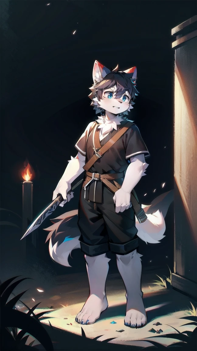 White Wolf,black hair,Sky blue eyes,hairy,Wolf ears,Wolf tail,Full body portrait,The character is in the center of the frame,Handsome,Confident eye***but,juvenile,Black and white combat uniform,Red neck bib,Black shorts,Short sleeve,hairy arms and legs,Dark background,Dark battlefield,dawn,sunrise,dawn,illumination,shadow,Swordsman,Scabbard and Hold the hilt of a in your hand,The scabbard is at the waist,Highest quality,A tall stature