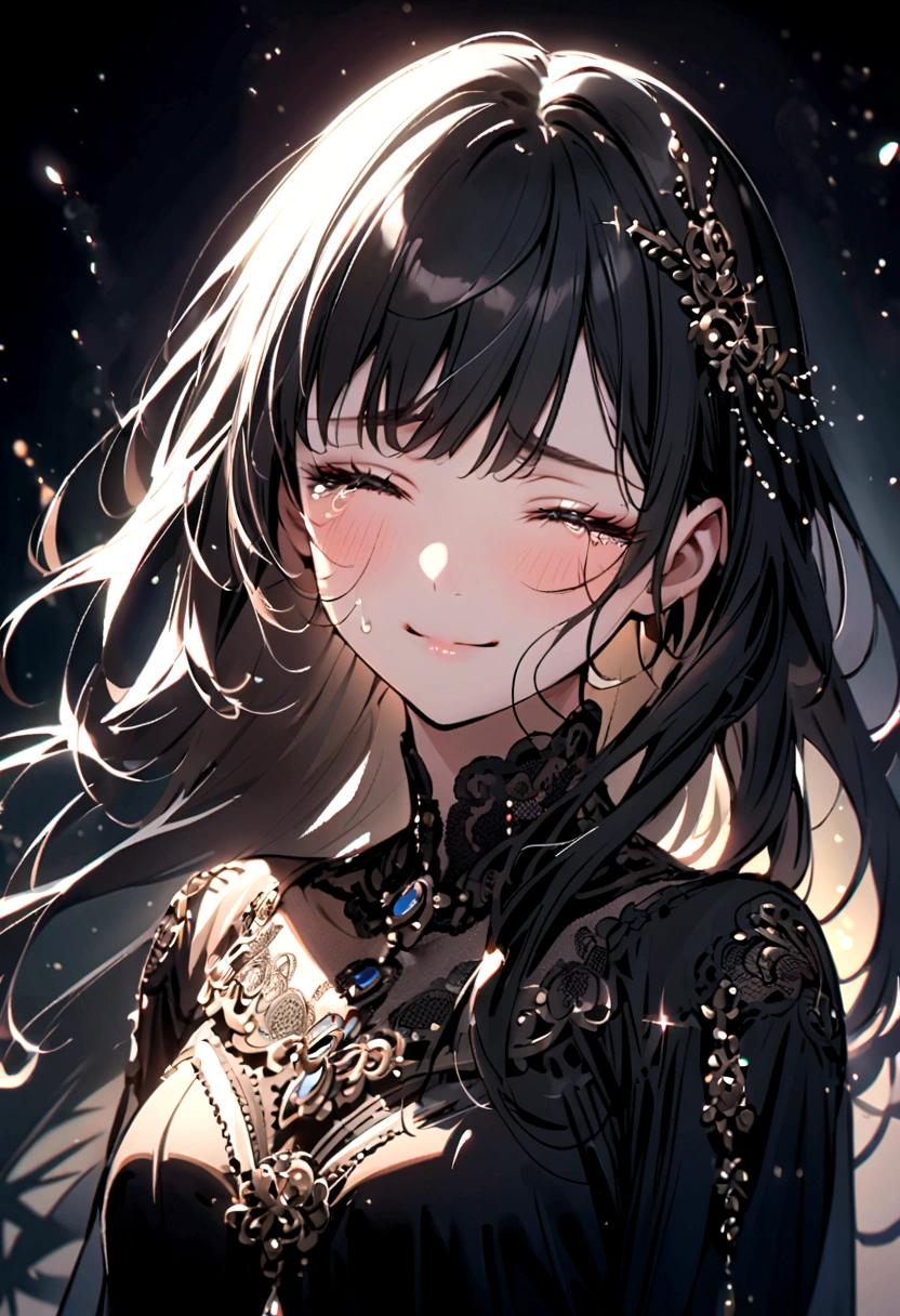 A beautiful black haired girl crying her eyes closed, smiling sadly,has long eyelashes,has bangs wears a