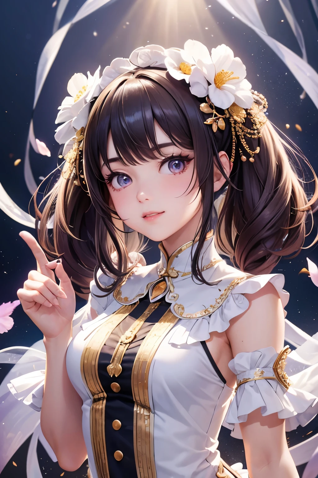 One Girl、Looking at the audience、
Beautiful Pink Eyes、short twintail hair、,Mole under the eye、Plump and glossy lips、Heart-shaped choca、Idol、she is name Riko,smile、ー、。.。.。.。.。.。.。.。.。.。.。.。.。.。.。.。.。.。.3D、Realistic、
idol costume、short skirt,Drape clothes、gem、The decoration has been removed、Floral、Lace trim,On the glittering stage、
masterpiece、highest quality、8k、Detailed skin texture、Detailed cloth texture、Beautifully detailed face、Intricate details、Very detailed、
超A high resolution、8K Ultra HD、Film Grain、Best Shadow、delicate、Staring at the audience、front