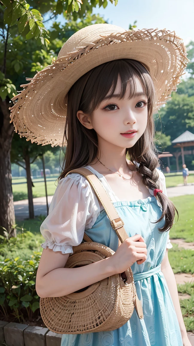 A  wearing a straw hat and carrying a large backpack at the zoo, ((loli)),fun,Lots of balloons, Happy, Happy,Laughter, Perfect quality, Clear focus (Messy house: 0.8), (masterpiece: 1.2) (Realistic: 1.2) (Bokeh) (Highest quality) (Detailed skin: 1.3) (Intricate details) (8K) (Detail Eye) (Sharp focus),(((Happy)))
