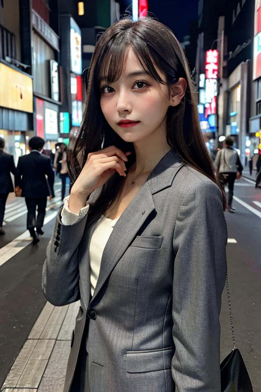 1 Girl, Tokyo Street,night, Streetscape,City lights, Upper Body,close, 8K, Raw photo, Highest quality, masterpiece,Realistic, photo-Realistic,Gray business suit, Long sleeve, Double, Black Eyes