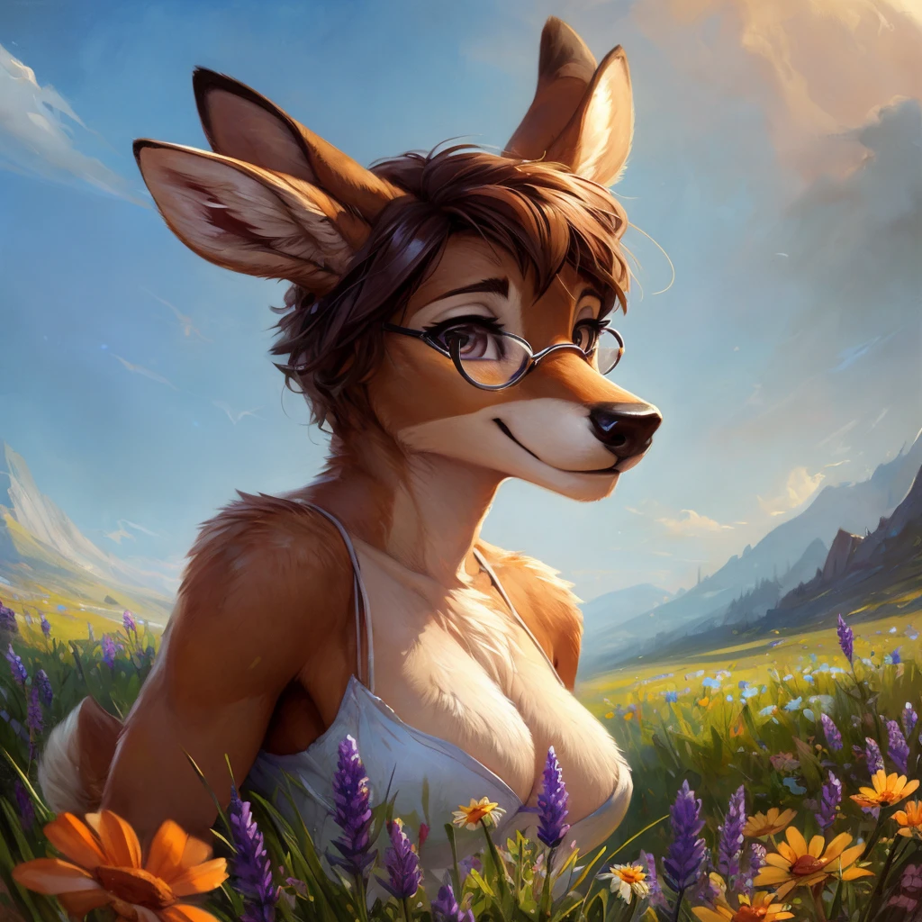 uploaded on e621, watercolor look, by Pixelsketcher, by Bayard Wu, by Thomas Benjamin Kennington , by Einshelm, by hioshiru and kenket, Chunie, portrait, solo anthro female deer doe, with small featureless breasts, clear dark blue, cinematic lighting, day, sunny day, lavender field, stays in a wildflowers field, wildflowers field background, mediterranean background, horizon background, shiny, short curly dark brown hair, wearing big black nerd glasses, very very beautiful furry art, furry art, smiling, joyful, shiny, happy, feminine, cute face, muzzle, fluffy chest, flawless face, Fallow deer, 1girl, Sakimichan is beautiful, Masterpiece, Wavethesallow Face, shiny, Detailed image, portrait, Detailed image, portrait, full body, wearing pure white short spaghetti straps dress, wearing a wildflowers wreath, shiny, realistic face, perfect anatomy, hourglass body, (furry body:1.1), anthropomorphic deer, looks at the viewer, small fluffy tail, detailed background, (cute anatomy:1.1), stands in a wildflowers field, wildflowers in hair
