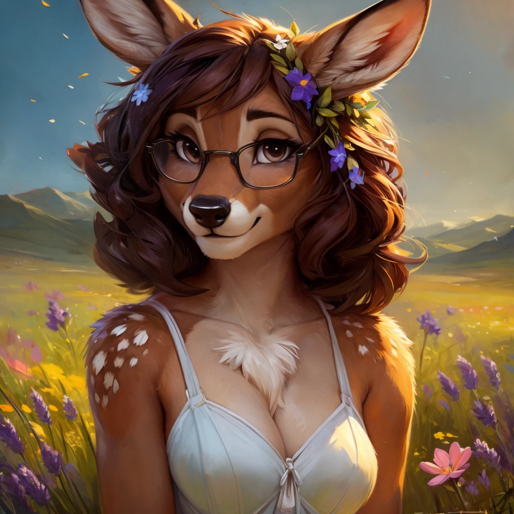 uploaded on e621, watercolor look, by Pixelsketcher, by Bayard Wu, by Thomas Benjamin Kennington , by Einshelm, by hioshiru and kenket, Chunie, portrait, solo anthro female deer doe, with small featureless breasts, clear dark blue, cinematic lighting, day, sunny day, lavender field, stays in a wildflowers field, wildflowers field background, mediterranean background, horizon background, shiny, short curly dark brown hair, wearing big black nerd glasses, very very beautiful furry art, furry art, smiling, joyful, shiny, happy, feminine, cute face, muzzle, fluffy chest, flawless face, Fallow deer, 1girl, Sakimichan is beautiful, Masterpiece, Wavethesallow Face, shiny, Detailed image, portrait, Detailed image, portrait, full body, wearing pure white short spaghetti straps dress, wearing a wildflowers wreath, shiny, realistic face, perfect anatomy, hourglass body, (furry body:1.1), anthropomorphic deer, looks at the viewer, small fluffy tail, detailed background, (cute anatomy:1.1), stands in a wildflowers field, wildflowers in hair