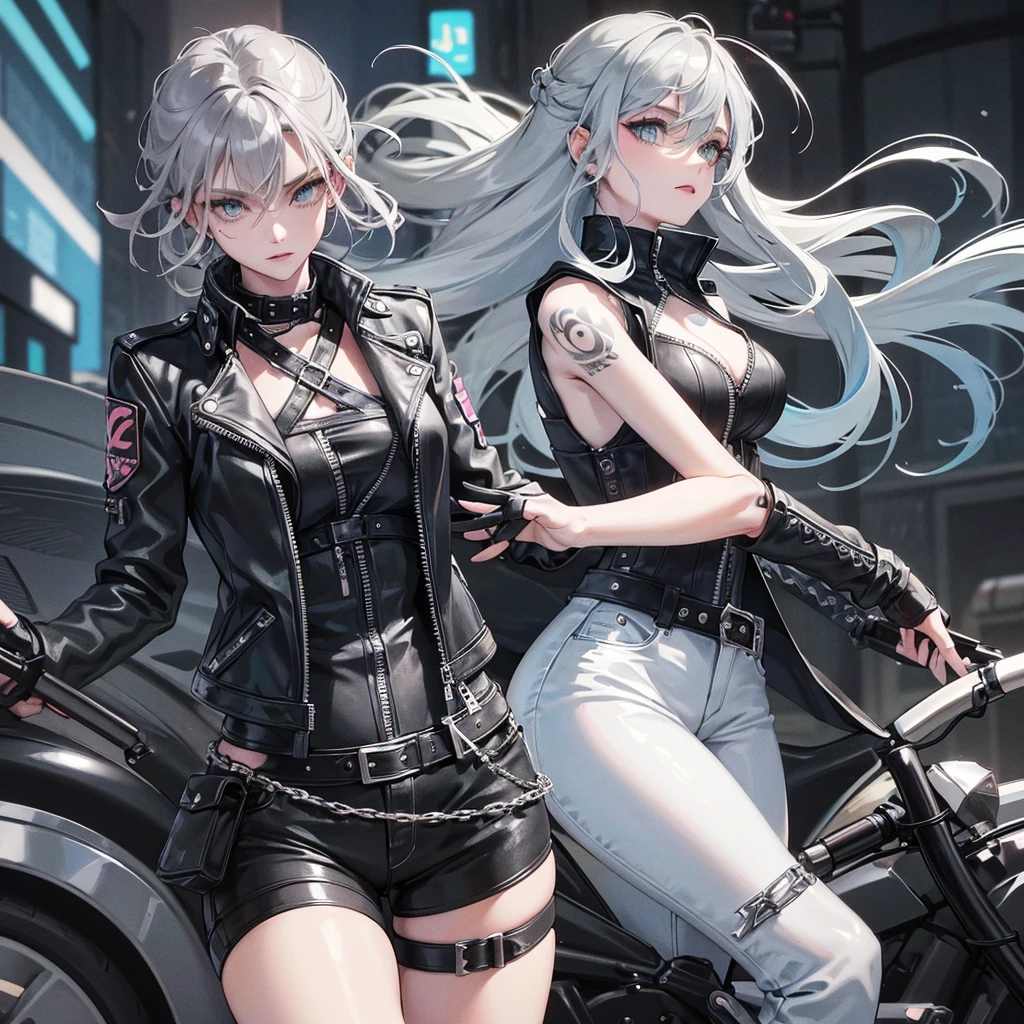 one  beautiful biker girl , Light ash grey hair elegantly curled,blue light eyes, punk styles, has tattos on the arm , Masterpiece（（tmasterpiece）），Black color Leather jacket（（black jean ）），，adorlable，mortor bike ，street wears,