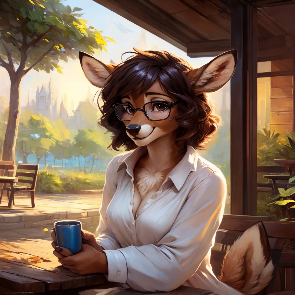 uploaded on e621, by Pixelsketcher, by Bayard Wu, by Thomas Benjamin Kennington , by Einshelm, by hioshiru and kenket, Chunie, portrait, solo anthro female deer doe, tiny featureless breasts, tiny breasts, clear dark blue, cinematic lighting, day, sunny day, sitting outside at a café, café background, french background, old french background, shiny, short curly dark brown hair, short hair, wears big black nerd glasses, very very beautiful furry art, furry art, thoughtful, shiny, feminine, cute face, muzzle, fluffy chest, flawless face, Fallow deer, 1girl, Sakimichan is beautiful, Masterpiece, Wavethesallow Face, shiny, Detailed image, portrait, Detailed image, portrait, wears pure white wide, big blouse, wears beige summer straw hat, shiny, realistic face, perfect anatomy, hourglass body, anthropomorphic deer, happy, very happy, small ears, huge black nerd glasses, wide happy eyes, look at viewer, smiles, big smile, holds with both hands a cup of coffee, hourglass body, (furry body:1.1), anthropomorphic deer, small fluffy tail, detailed background, (cute anatomy:1.1), looks into the distance

