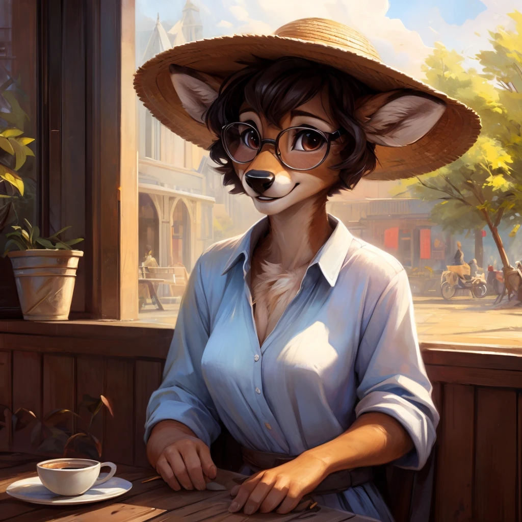 uploaded on e621, by Pixelsketcher, by Bayard Wu, by Thomas Benjamin Kennington , by Einshelm, by hioshiru and kenket, Chunie, portrait, solo anthro female deer doe, tiny featureless breasts, tiny breasts, clear dark blue, cinematic lighting, day, sunny day, sitting outside at a café, café background, french background, old french background, shiny, short curly dark brown hair, short hair, wears big black nerd glasses, very very beautiful furry art, furry art, thoughtful, shiny, feminine, cute face, muzzle, fluffy chest, flawless face, Fallow deer, 1girl, Sakimichan is beautiful, Masterpiece, Wavethesallow Face, shiny, Detailed image, portrait, Detailed image, portrait, wears pure white wide, big blouse, wears beige summer straw hat, shiny, realistic face, perfect anatomy, hourglass body, anthropomorphic deer, happy, very happy, small ears, huge black nerd glasses, wide happy eyes, look at viewer, smiles, big smile, holds with both hands a cup of coffee, hourglass body, (furry body:1.1), anthropomorphic deer, small fluffy tail, detailed background, (cute anatomy:1.1), looks into the distance