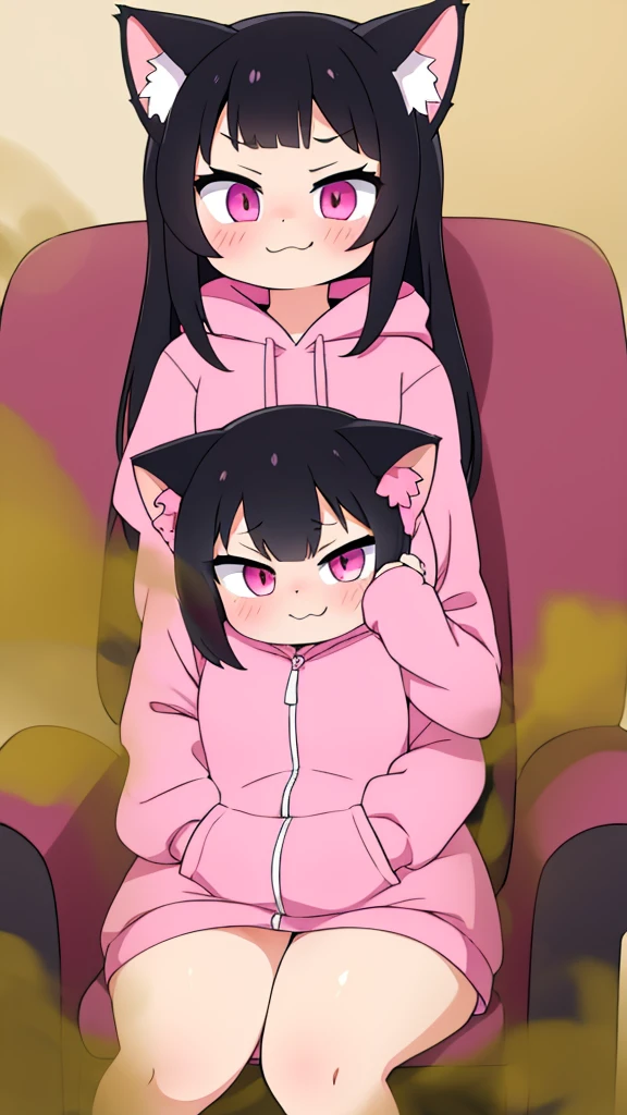 cute cat girl, cat ears, black hair, pink eyes, smug, pink hoodie, straight bangs, fart, farting, sitting in chair