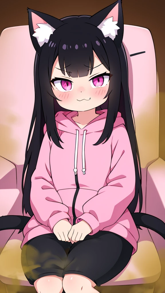 cute cat girl, cat ears, black hair, pink eyes, smug, pink hoodie, straight bangs, fart, farting, sitting in chair