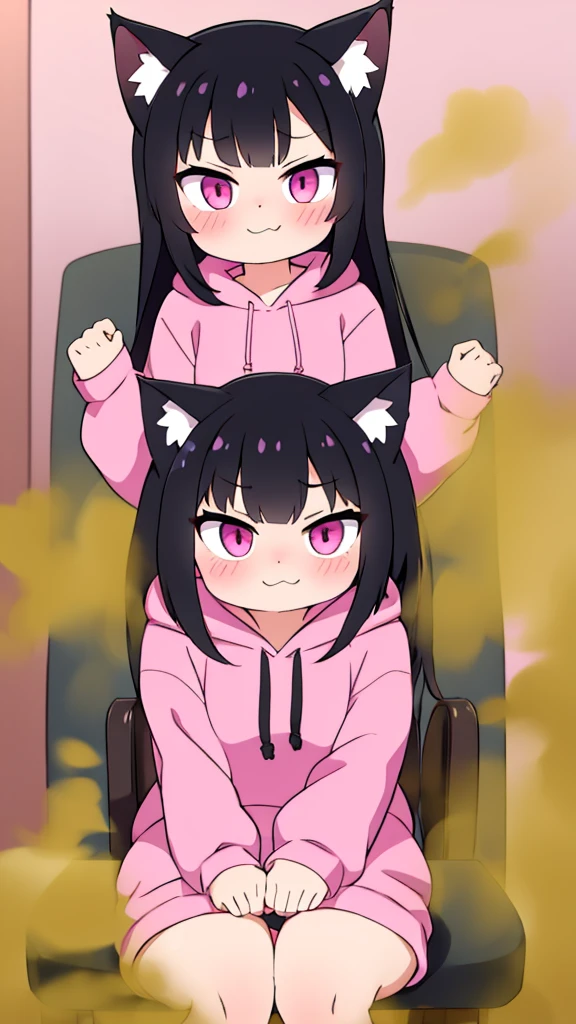 cute cat girl, cat ears, black hair, pink eyes, smug, pink hoodie, straight bangs, fart, farting, sitting in chair