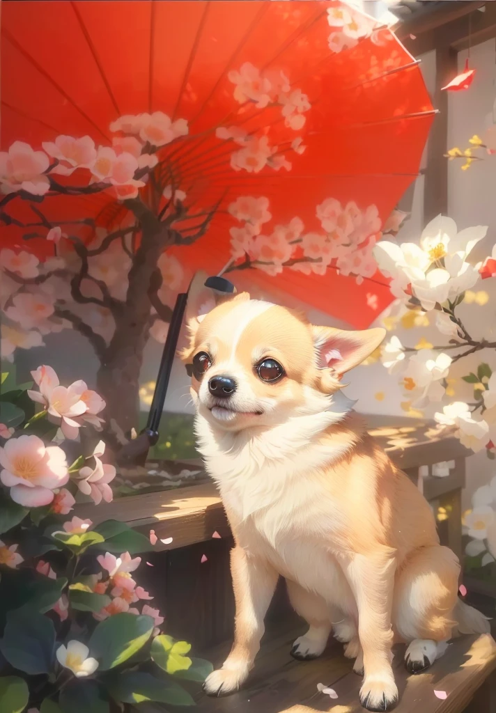 araffe sitting on a table with a red umbrella and flowers, miko, japanese dog, background is heavenly, けもの, photo of a beautiful, 4k!, 8k!, chihuahua, painting of cute dog, (((luke chueh))), [ realistic photo ]!!, 8k!!, the background is on fire, sha xi, michael