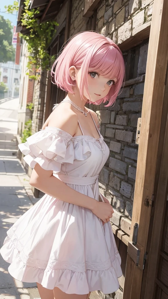 Alcanevi, A woman with medium-short pink hair wearing a white dress, Woman&#39;s face, Unreal Engine Character Art, Portraiture