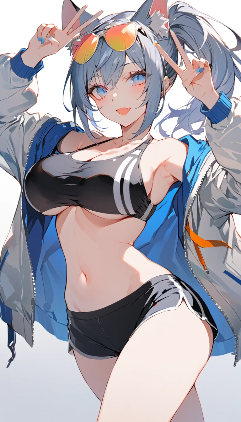 White and black bikini, number, woman in running shorts, 1girl, breasts, blue eyes, solo, animal ears, navel, V, big breasts, eyewear on head, ponytail, gray hair, jacket