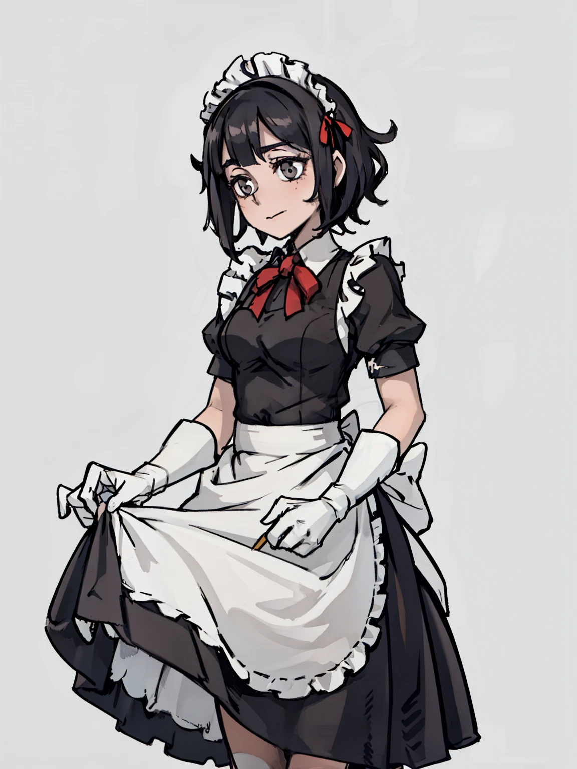 A maid，front,((Half Body),(Black short hair,Traditional maid attire，nervous))，Bow your head，Put your hands in front of your skirt，grace，Maid long skirt，dignified，beauty，kindly，Solid color background，White background