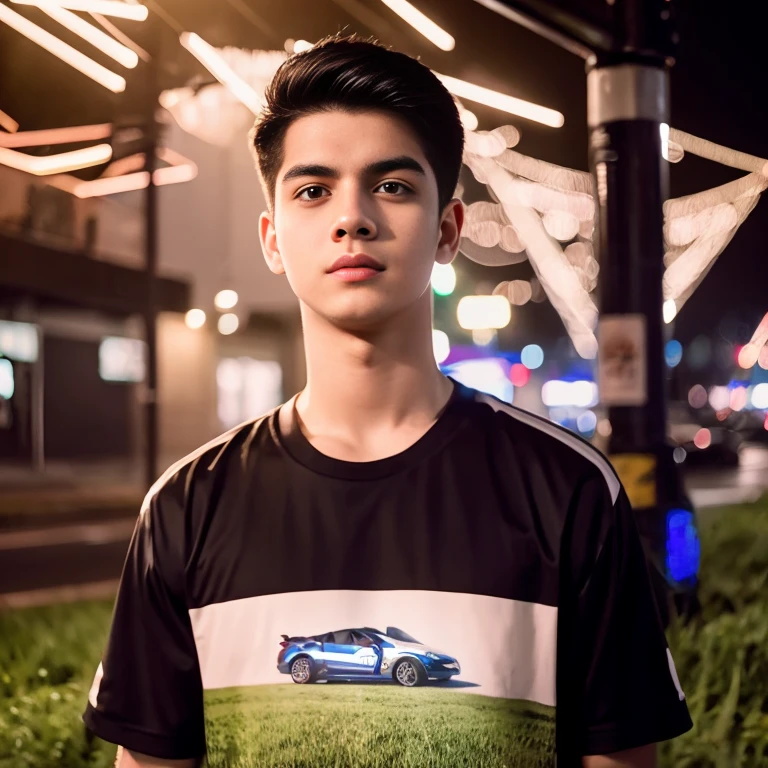 Aarav man, 25 years old, short black haircut, standing in the middle of the road., Hero Moves, standing next to car, Nissan 350z middle shot, The promotion is still on., The promotion is still on., Zach Retz, Shot with canon eos r5, Shot with canon eos r5, moody movie lighting, Rafael Pernaz, Photo Editor, Alexander Rostov, Still from Riverdale, Portrait 8 k, cyberpunk noir, ultra realistic, neon, photography model, raw image, dsrl, neon signs, purple, light blue, red