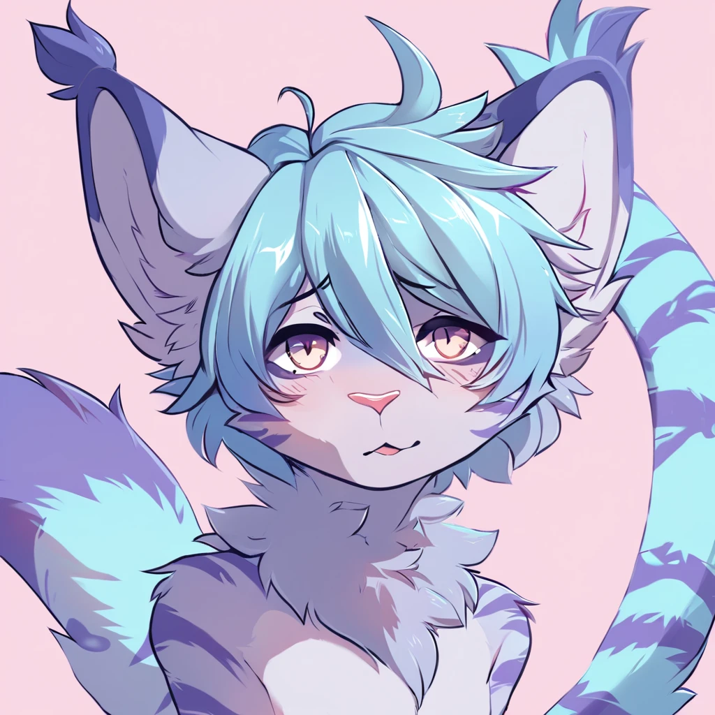 adult, feline, mammal, anthro, anthromorphic, cat, striped, fur, furred_anthro, femboy, male, light_blue, ear_tufts, purple, paws, hair_tuft, hair_between_eyes, long_tail, fluffy, expressive_eyes, light_blue_hair, light looking_at_viewer, blue_fur, shy, small_pupils, spotted_pattern, stripes, tiger_stripes, digital_art, high_resolution, high_res, background shy, head_visible, neck_visible, profile_picture, seductive_face