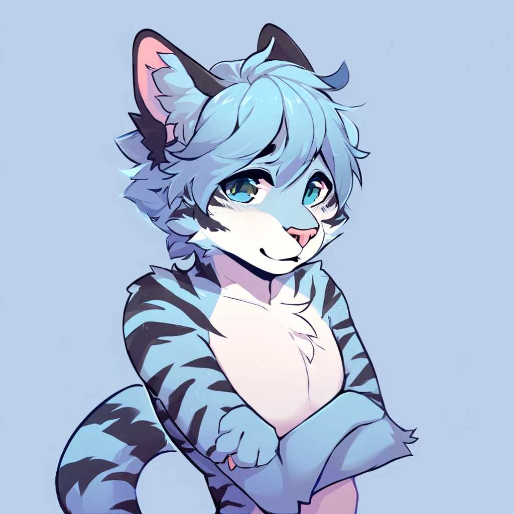 adult, feline, mammal, anthro, anthromorphic, cat, striped, fur, furred_anthro, femboy, male, light_blue, ear_tufts, purple, paws, hair_tuft, hair_between_eyes, long_tail, fluffy, expressive_eyes, light_blue_hair, light looking_at_viewer, blue_fur, shy, small_pupils, spotted_pattern, stripes, tiger_stripes, digital_art, high_resolution, high_res, background shy, head_visible, neck_visible, profile_picture, seductive_face
