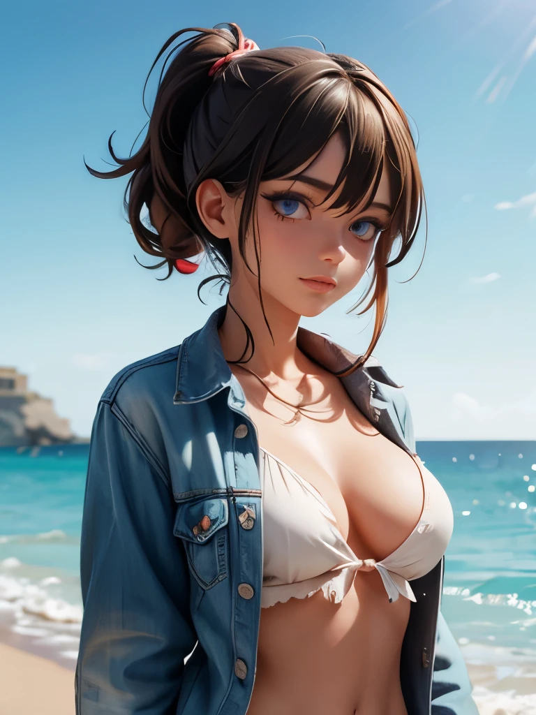 A castaway woman wearing whatever is left of her ripped clothes, exposed under torn shirt, shipwreck in the background
