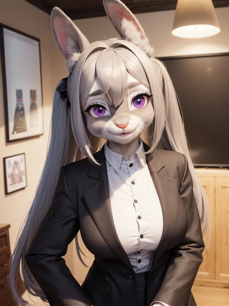 best quality,
masterpiece,
hyper Realistic,
ultra-detailed,
beautiful detailed,
4K,8K,High level,
PIXAR,
Photo real,
Portrait,
Looking at the audience,
background is an office,
Realistic lighting,
high resolution textures,
intricate details,
ray tracing,
photorealistic,
film grain,
lighter shadows,
((anthropomorphic rabbit)),
detailed animals,
Complex patterns,
(furry:1.5),
(Whole skin is gray:1.4),
(body is fluffy and bushy:1.3),
Realistic fur,
((human hands)),
(Face is JudyHopps:1.35),
{((long straight hair)), ((ponytail hair))},
wispy bangs, bangs,
purple eyes,
highlight on eyes,
crisp eyes,
sparkle in the eyes,
detailed iris,
round big pupils,
(rised eyebrows:1.2),
(Crescent Brows:1.3),
(rabbit ears:1.1),
Smile,
Big Smile,
Innocent smile,
raised corners of mouth,
office lady is wearing suit,
((White blouse)) BREAK ((Black blazer)) BREAK ((Black pants)),
clothes made of wool,
((She is blushing in the cheeks)),
((Looks excited)),
(solo:1.5),
(1 lady:1.5),
one character only
alone,
Perfect Anatomy,
highlight,
sunlight,
daylight,