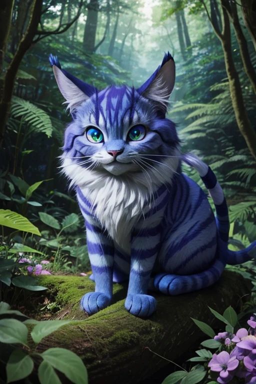 Blue Cheshire cat from a fairy tale, sitting in the forest, Cheshire cat smile, realistic image, high quality