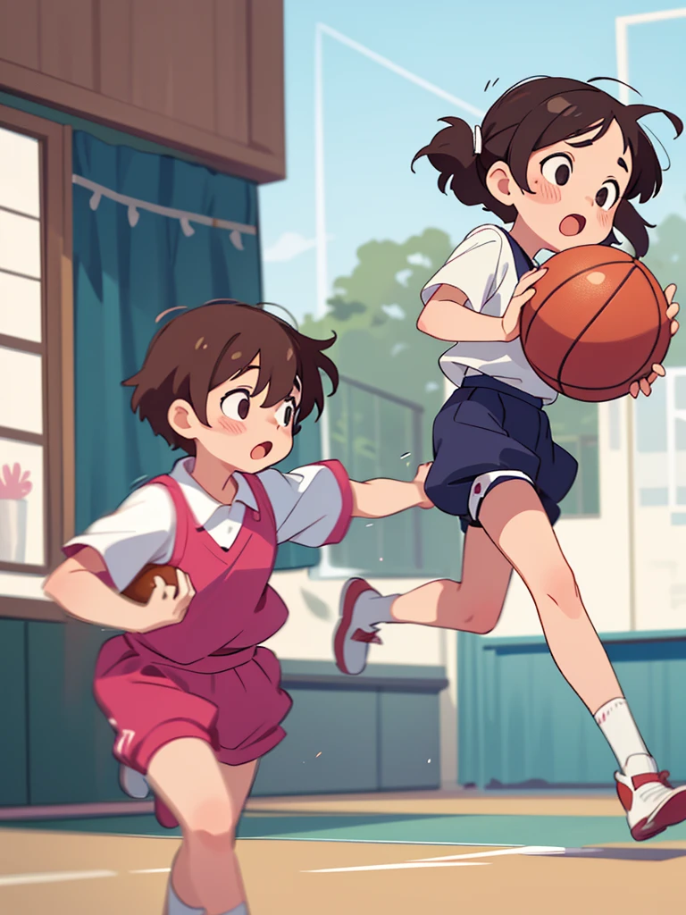 School Physical education class , healthy Eros , halation , ugly girl , round face , loose body , (Bloomers) , basketball , motion blur , dynamic play