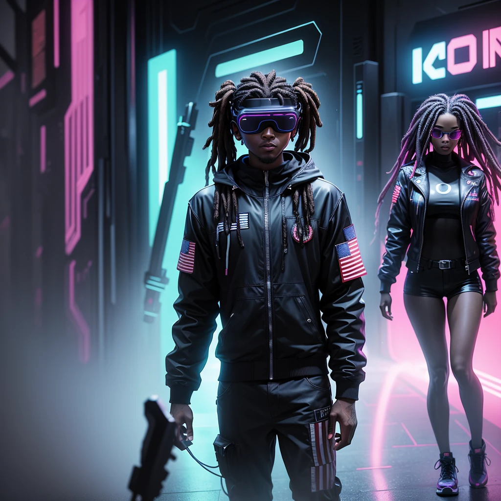 digital American flag, neon colors, cyberspace theme, neon American flag background,, matrix background, ebony man and woman, dreads, vr headset