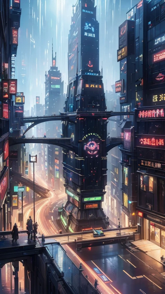 ((masterpiece)),((Highest quality)),((High detail)),((Realistic,)) Future City, There is a deep canyon in the middle, Architecture Street, Bazaar, bridge, cyber punk, European architecture, Rainy night, neon, Futuristic bikes