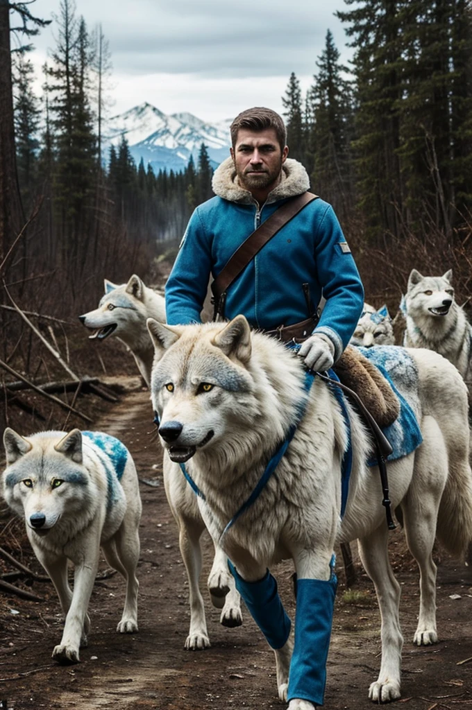 A white and blue furry , blue and green eyes with a scar on one of them. Dressed as a survivor leading a pack of wolves towards their new home while a ruined forest is seen in the background, determination and leadership are shown in his eyes, the furry is armed with a knife and a gun 