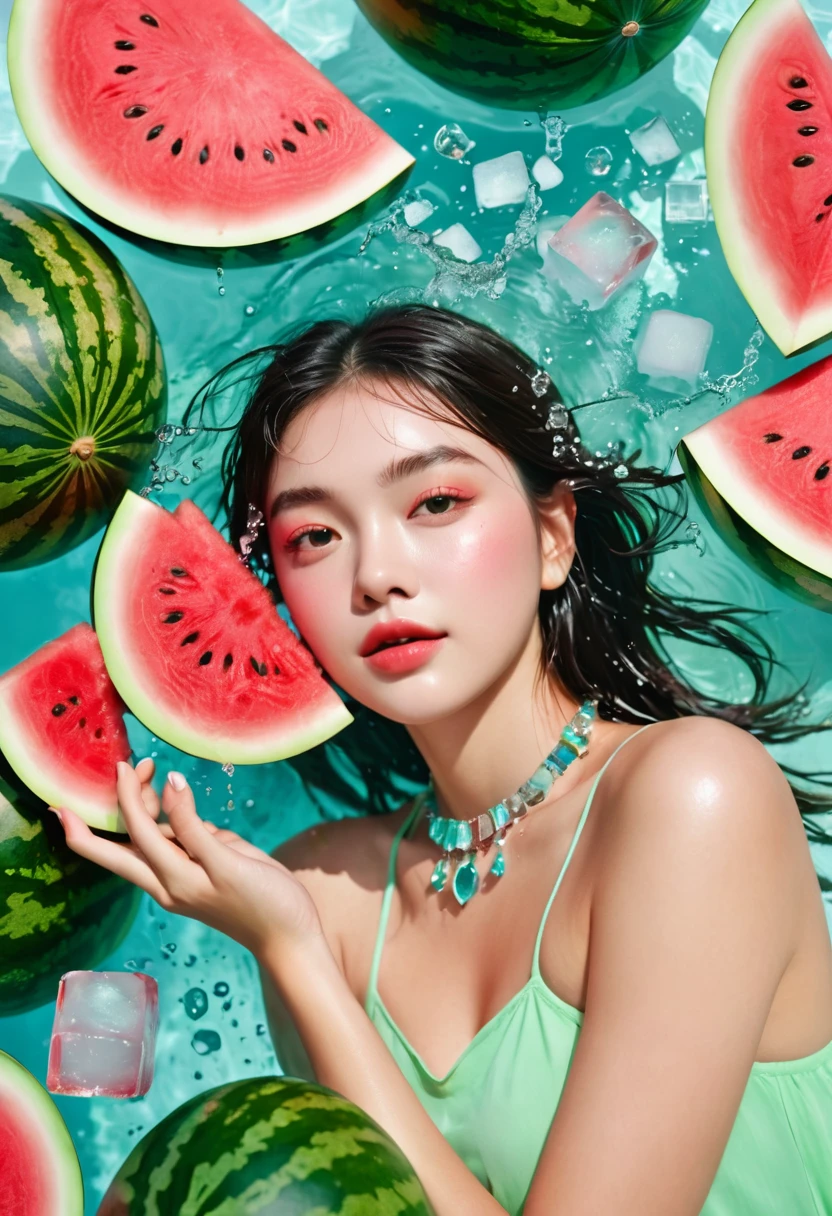 Summer Watermelon Girl,Dopamine teenage, Cool summer days,Chilled watermelon,Ice cubes,The watery girl,Delicate skin,Hydration,Shiny,Shiny,dream