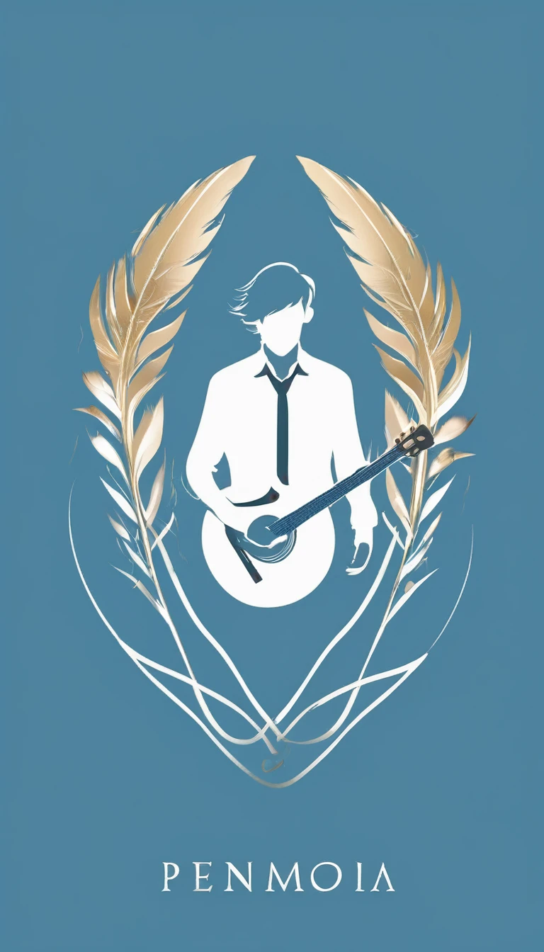A minimal, modern, simple, cinematic logo design for the brand “Penamemoria". The logo design must be a simple, silhouette of a boy, standing up, playing acoustic guitar and fantasy feather by his side. The logo must convey a sense of music, stories, memories and dreams. Logo design impressed on a book cover. Minimalistic logo. Light blue, white and soft golden as colors for the logo design