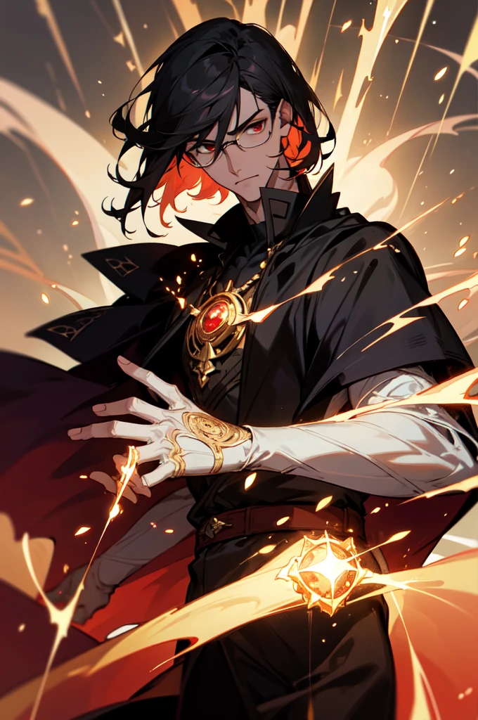 masterpiece, best quality, 1 male, young, tall muscular, handsome, finely detailed eyes, intricate details, black hair, short hair, evil face, solo, upper body, detailed dark shadow background, detailed face, good sorcerer, color magical robes, determined expression, white color scheme, dark crimson light, glowing magical runes, realistic lighting, floating particles, sparks, surrounded by gold lightning red arcane symbols, corrupted by eldritch power, bloom, glasses, gloves