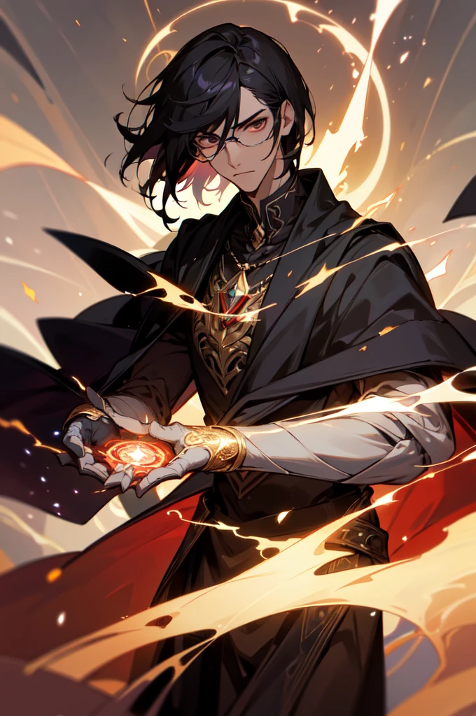 masterpiece, best quality, 1 male, young, tall muscular, handsome, finely detailed eyes, intricate details, black hair, short hair, evil face, solo, upper body, detailed dark shadow background, detailed face, good sorcerer, color magical robes, determined expression, white color scheme, dark crimson light, glowing magical runes, realistic lighting, floating particles, sparks, surrounded by gold lightning red arcane symbols, corrupted by eldritch power, bloom, glasses, gloves