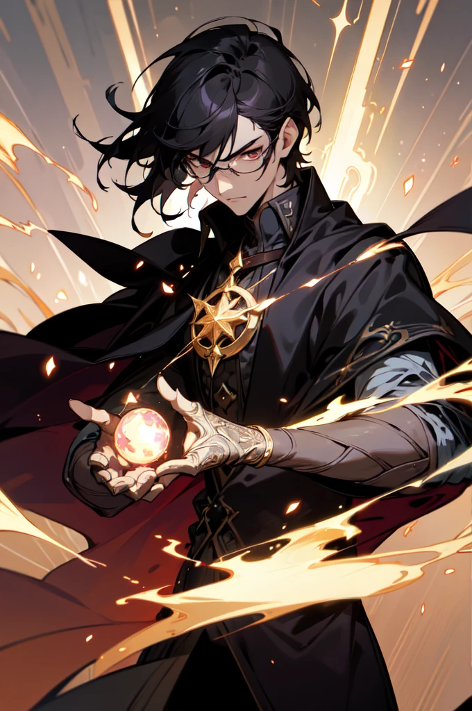 masterpiece, best quality, 1 male, young, tall muscular, handsome, finely detailed eyes, intricate details, black hair, short hair, evil face, solo, upper body, detailed dark shadow background, detailed face, good sorcerer, color magical robes, determined expression, white color scheme, dark crimson light, glowing magical runes, realistic lighting, floating particles, sparks, surrounded by gold lightning red arcane symbols, corrupted by eldritch power, bloom, glasses, gloves