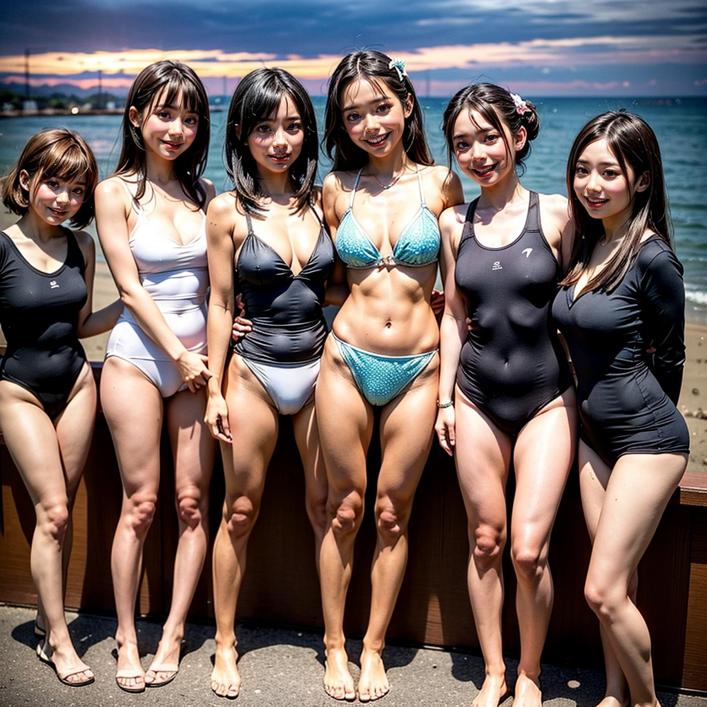 ((ExtremelyDetailed (12 PUNIPUNI KAWAII Girls in a row:1.37) in WHITE at Dusk Enoshima Beach)), (masterpiece 8K TopQuality) (ProfessionalPhoto:1.37), {(Standing Full Body:1.2)|(from below:1.2)}, Different types of hair colors, {Tight skinny((school swimwear))Ass visible through thighs|SchoolUniform with Thongs}, {Detailed BabyLike hand|Hidden hand|ArmpitPeek|DAKINAKURA|Different types of breast|ButtCrack}, Joyful Expressions LifeLike Rendering, PerfectLighting, [RainbowColorHorizon]