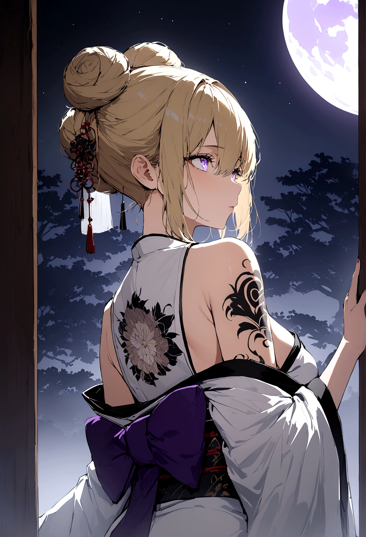 (masterpiece:1,2), Highest quality, masterpiece, High resolution, original, Highly detailed wallpaper, Perfect lighting,geisha, kimono,Bare shoulders,tattoo,(((Black and White))),Attention to detail,alone,Cold Eyes,look up,Eyes glowing purple,Byeob,moon,Blonde,Bun Hair,petal,sexy
