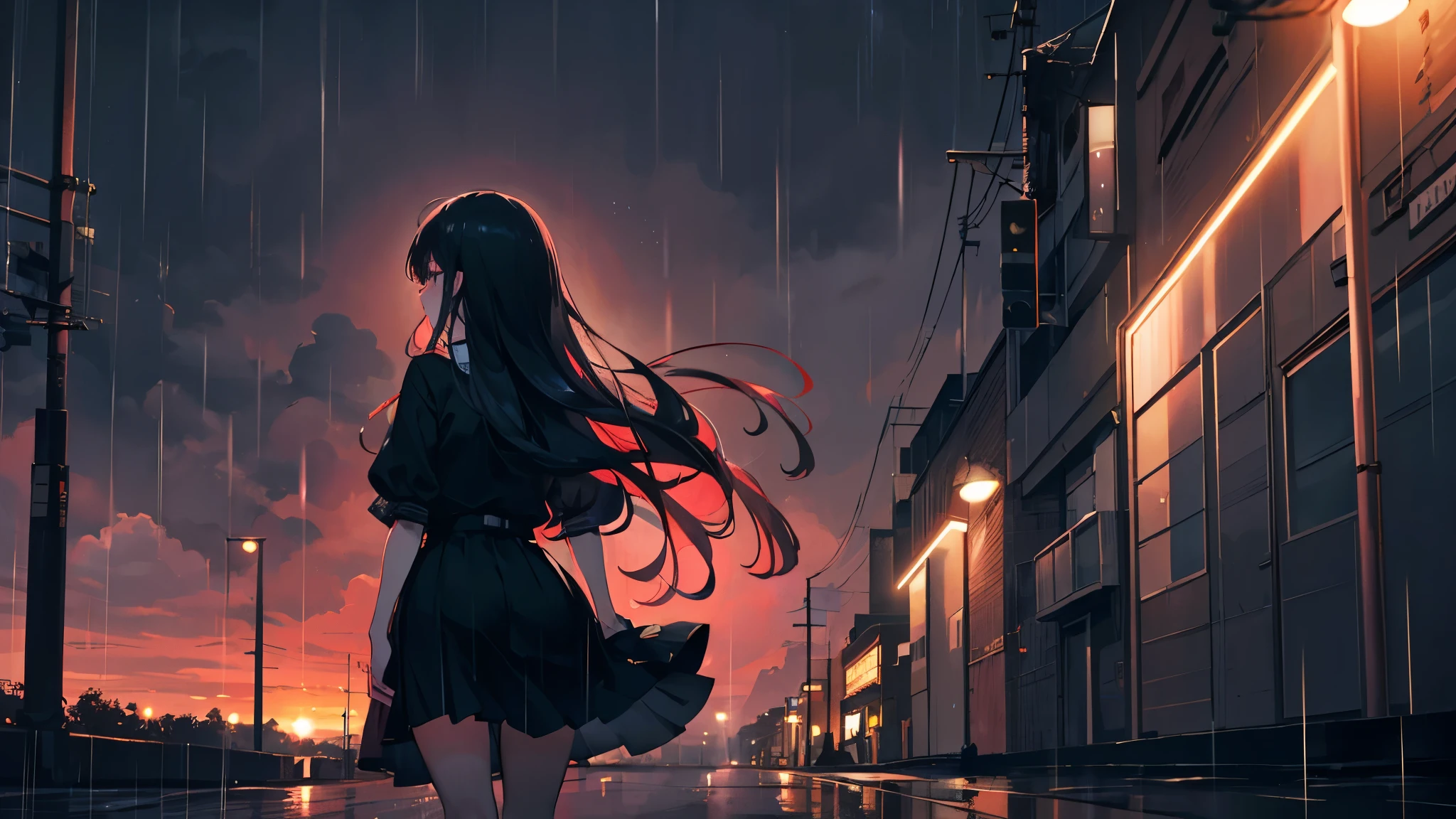 night、rain、Rear view of one woman、far、Black Hair、Long Hair、20-year-old、Red-black sky、A green light in the distance