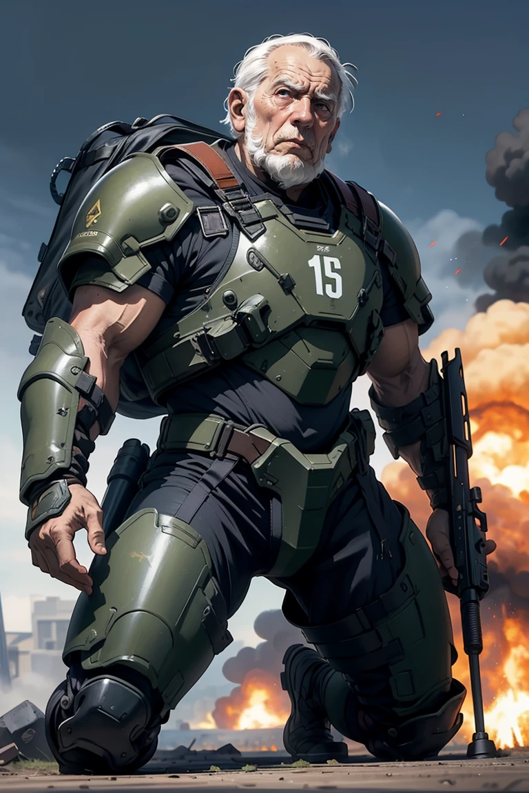 1 old man, wearing battle armor, heavy backpack, pose, fullbody shot, shooting with heavy weapon, at the battle place, explosion, kneeling with 1 leg, 