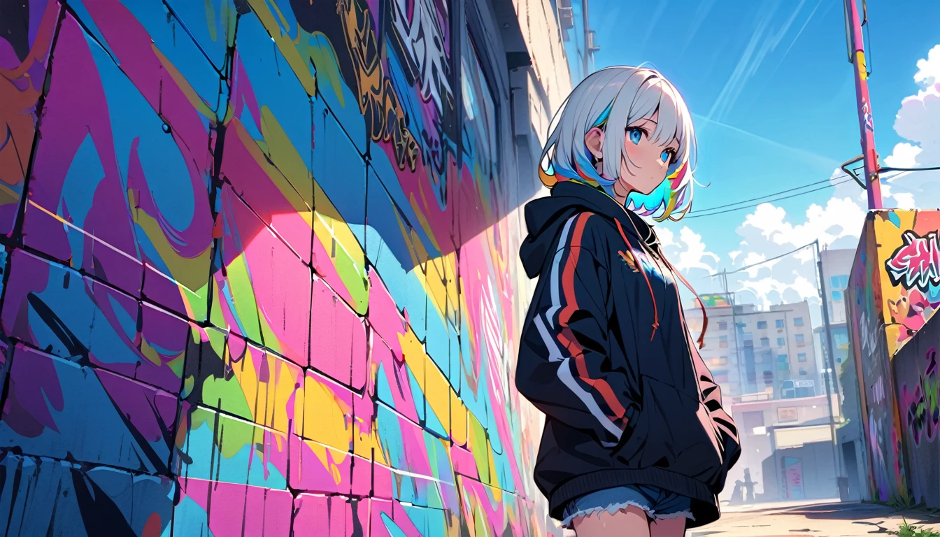 HD 8K Handsome cute, Solitary, 1 female, Medium Length Hair, white hair, Rainbow hair, blue Eyes, Rainbow headphone, hoodie, colored hoodie, denim shorts, Human focus, outdoor, blue sky, White clouds, graffiti wall,