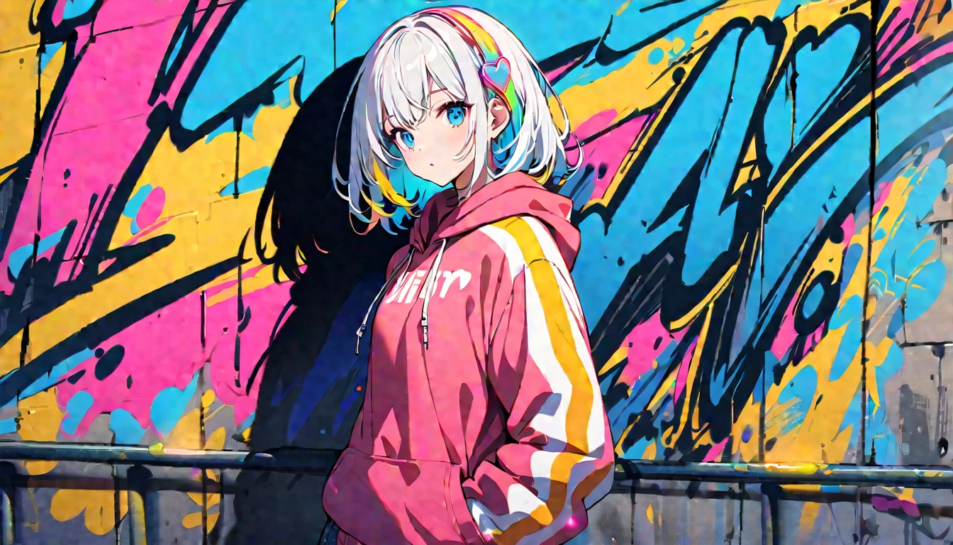 HD 8K Handsome cute, Solitary, 1 female, Medium Length Hair, white hair, Rainbow hair, blue Eyes, Rainbow headphone, hoodie, colored hoodie, denim shorts, Human focus, outdoor, blue sky, White clouds, graffiti wall,
