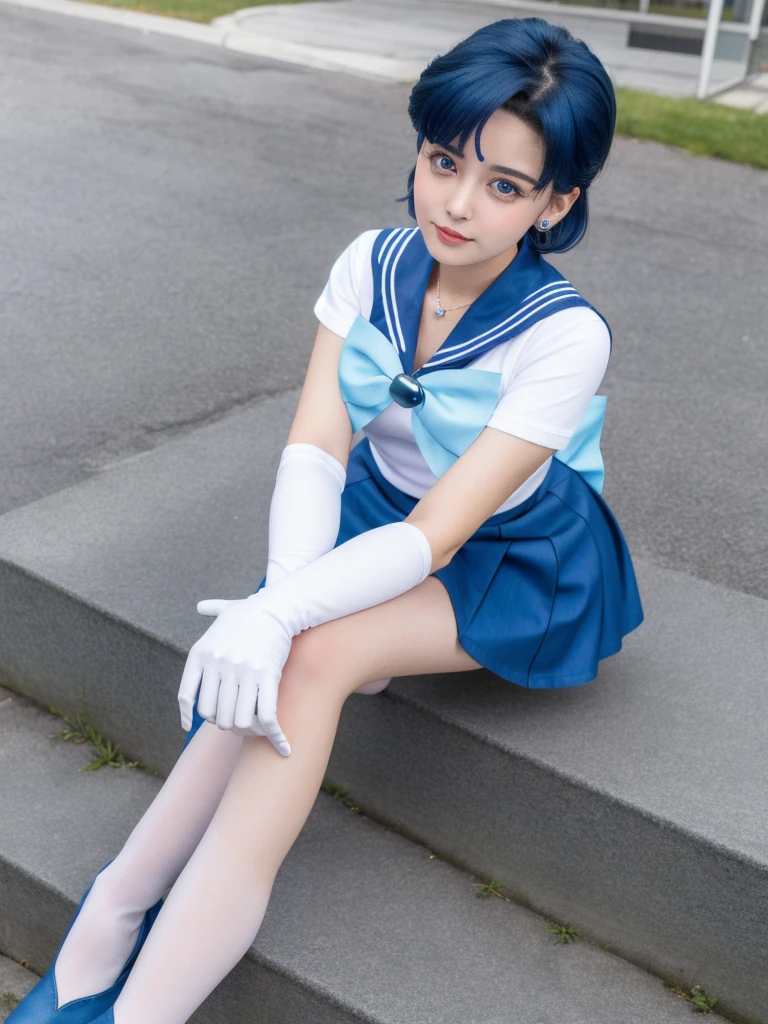 Masterpiece, best quality, high resolution, mer1, tiara, sailor uniform, blue sailor collar, bow, knee-length boots, collar, white gloves, blue collar, elbow gloves, jewelry, earrings, blue skirt, denim lens,