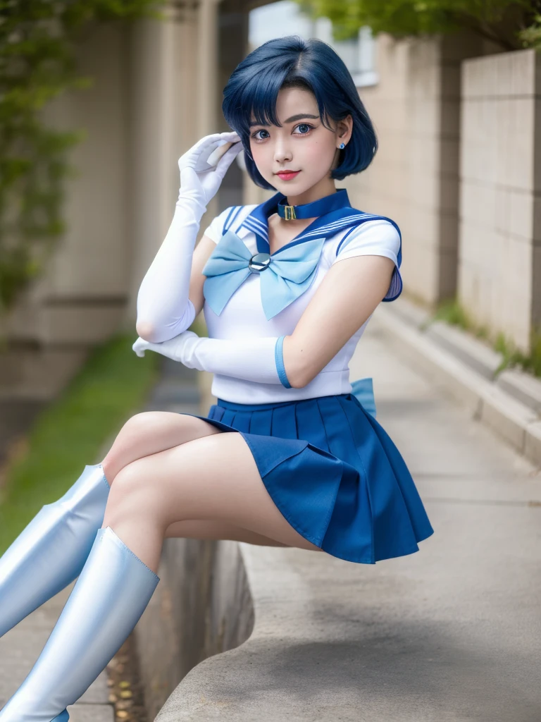 Masterpiece, best quality, high resolution, mer1, tiara, sailor uniform, blue sailor collar, bow, knee-length boots, collar, white gloves, blue collar, elbow gloves, jewelry, earrings, blue skirt, denim lens,