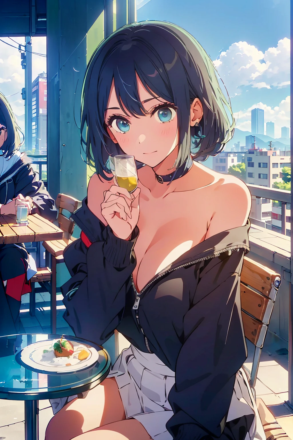 (Highest quality:1.4、8K:1.4、detailed)、F cup bust、Big Breasts、Slim body、Very white beautiful skin、((((1 person、Surprised expression、sit、Chair、In the background are the urban buildings of Tokyo、looking at the camera、Outdoor café terrace、Navy hair color、juice、table、Very cute face))))、((((nude、Areola))))、(Pose with hair tucked behind ears with both hands:1.4、Cheek resting on hand:1.4)、((Off-the-shoulder black blouson with zipper))、Nipples、Very blue sky、A completely cloudless sky