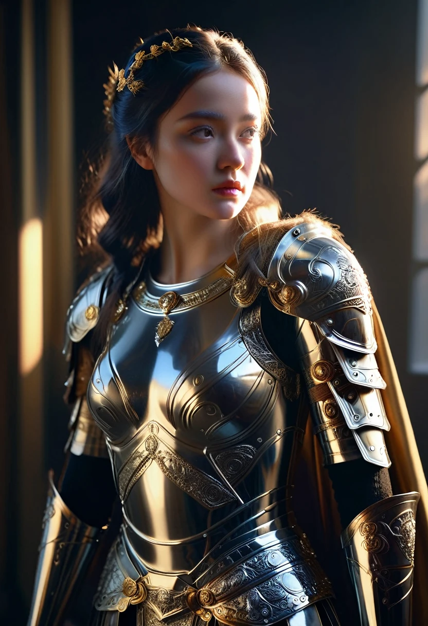 a beautiful woman dressed as a roman empire knight in a modern setting, detailed ornate armor, golden accents, flowing cape, piercing gaze, confident pose, dramatic lighting, cinematic composition, highly detailed, 8k, photorealistic, intricate details, chiaroscuro lighting, dark moody atmosphere, rich colors, glowing effects, dramatic shadows, hyper realistic