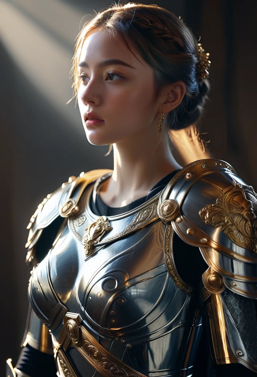 a beautiful woman dressed as a roman empire knight in a modern setting, detailed ornate armor, golden accents, flowing cape, piercing gaze, confident pose, dramatic lighting, cinematic composition, highly detailed, 8k, photorealistic, intricate details, chiaroscuro lighting, dark moody atmosphere, rich colors, glowing effects, dramatic shadows, hyper realistic