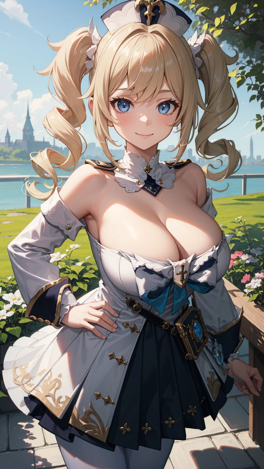 (Barbaradef),masterpiece,huge breast, outdoors, looking at viewer, detail eyes, detail face, standing, smile, (front view:1.3), upper body shot, (portait), (detailed face),genshin impact