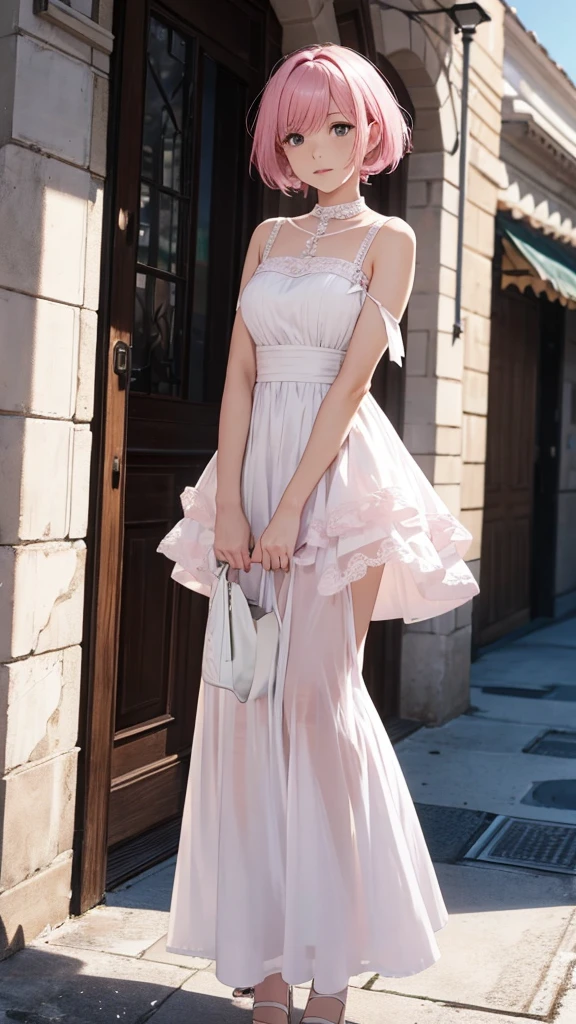 Alcanevi, A woman with medium-short pink hair wearing a white dress, Woman's face, Unreal Engine Character Art, Portraiture