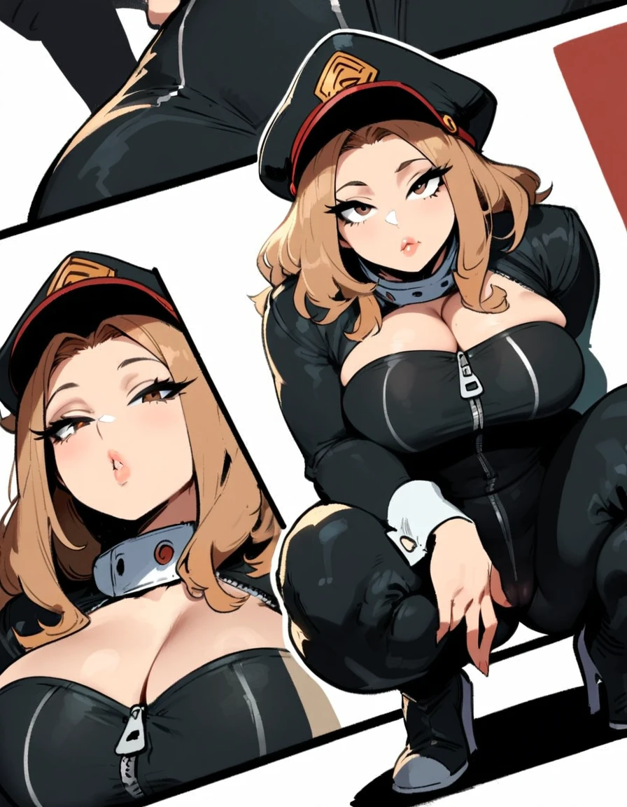 1girl, utsushimi kemii, boku no hero academia \\\\\ masterpiece, best quality, very aesthetic, absurdres, newest \\\\\\ slim body,///// ,by nyantcha,cutesexyrobutts , by khyle,,////// beautiful face, sexy, simple black catsuit with blending patterned lines and a zipper running down the middle left slightly down to reveal her cleavage. She wears white cuffs around her wrists and white heeled knee-high boots,.,  ,plump and glossy lips, white background, looking at viewer, close-up, dark brown eyes, ,cap, thin waist, squatting, below view, cameltoe