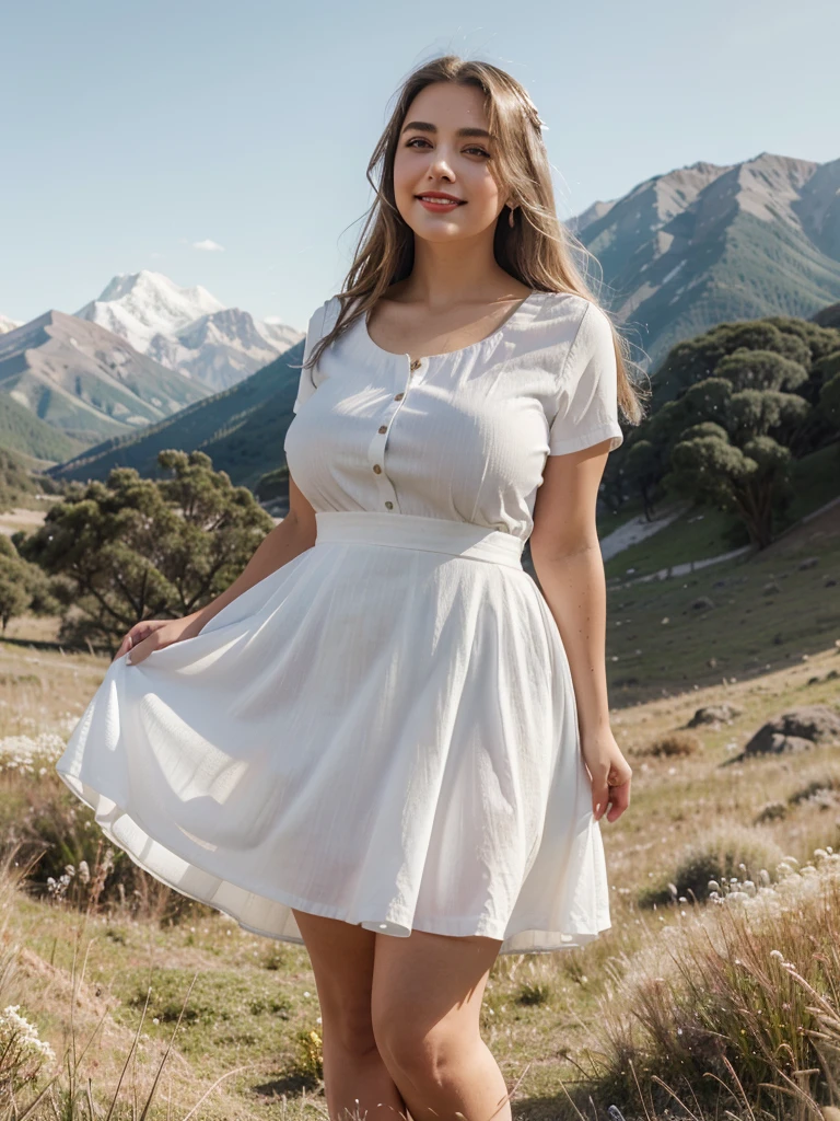 Araffe dress, short denim skirt with white shirt, red lips, mountain grass, natural grass, light blue, light white, clear white, Escasamente vestido.Smooth sky model Hermosa figuracuerpo voluptuoso curvy hermosas sonrisa seductora Retrato Gabriella Lin Rojo Full length Sucier seductive dress and poderoso